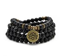 oasymala Bracciale o collana con 108 perle di Mala curative con ciondolo di loto dorato (Agata nera (Black Agate))