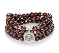 oasymala Chanting Mala Prayer Beads 108 Bracciale collana per meditazione con piccolo ciondolo fiore di loto (Occhio di tigre rosso (Red Tiger Eye))