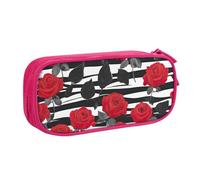 OAZCVBNN Astuccio per matite con stampa a righe bianche e nere, con rose rosse, gomme da cancellare, penne, studenti, scuola, ufficio, multi-scena, rosa, taglia unica, Set di zaini per la scuola