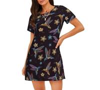 OAZCVBNN Pigiama elasticizzato morbido con stampa con fiori e colibrì ricamato, delicato sulla pelle, per passeggiate e shopping, Nero , XL