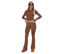 OBABO Women's 2 Piece Lounge Sets Y2K Summer Short Sleeve Cropped Top Foldover Flare Pants Comfy Tracksuits (XS,Brown,Long-Sleeved)