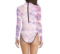 OBASDFD 2026 - Costume da bagno da donna, con controllo della pancia, a maniche lunghe, con motivo a squame, collo alto, ideale per fare il bagno con le coppe, sportivo, estivo, leggero, rosa chiaro