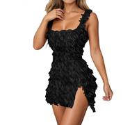OBASDFD Abito aderente con spalle scoperte con spacco alto sulla coscia e finiture finte elegante casual da festa vestibilità fluida e confortevole, Nero , XL