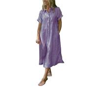 OBASDFD Abito Camicia da Donna con Risvolto Righe T-Shirt Midi Bottoni Tasche Funzionali Estive