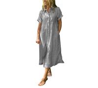 OBASDFD Abito Camicia da Donna con Risvolto Righe T-Shirt Midi Bottoni Tasche Funzionali Estive