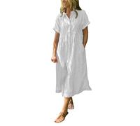 OBASDFD Abito Camicia da Donna con Risvolto Righe T-Shirt Midi Bottoni Tasche Funzionali Estive