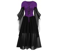 OBASDFD Abito da cocktail da donna, alla moda, gotico, anni '50, abito longuette incrociato, manica svasata, linea ad A, per feste, Nero , XL