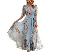 OBASDFD Abito da donna casual con stampa floreale con collo a maniche corte abito da festa data primavera estate autunno comodo elegante midi fluido, Blu, M