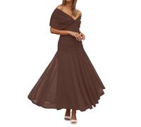 OBASDFD Abito da donna con scollo a V, in chiffon, imbottito, aderente, da sera, per vacanze, Marrone, XL