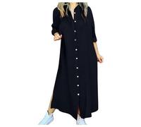 OBASDFD Abito da donna in cotone e lino, a maniche lunghe, aperto sul davanti, casual, tinta unita, vestibilità larga, per lavoro e uso quotidiano, Marina Militare, XL