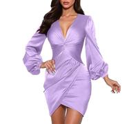 OBASDFD Abito da donna plissettato formale aderente con cerniera abito da laurea elegante cocktail party matrimonio gonna midi, Viola chiaro, L