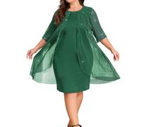 OBASDFD Abito da donna, taglie forti, elegante, casual, a rete, con maniche multistrato, per feste, cocktail, serate, midi, Verde, 3XL