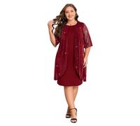 OBASDFD Abito da donna, taglie forti, elegante, casual, in rete, maniche multistrato, per feste, cocktail, serate, midi, Rosso, 5XL