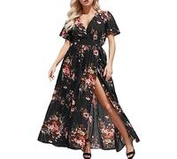 OBASDFD Abito da Festa con Stampa Ritagliato Maniche Floreali Corto Donna Plus Boho Size