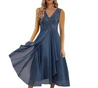 OBASDFD Abito lungo da donna in chiffon con scollo a V e pizzo traforato, Blu, XL