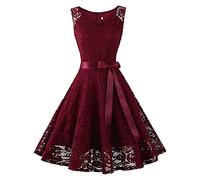 OBASDFD Abito lungo da donna, senza maniche, formale, per matrimonio, damigella d'onore, in pizzo, Rosso, L