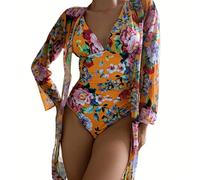 OBASDFD Bikini 2Pack Stampa Floreale Costume Intero Bikini Donna Profondo Scollo A V Costume da Bagno Senza Schienale Kimono Summer Beach Costumi da Bagno Costumi da Bagno(10,S)