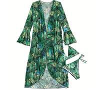 OBASDFD Bikini Confezione da 3 Pezzi Modello Fluido con Lacci Costume Bagno Tropicale E Kimono for Le Donne Sexy in Tre Spiaggia-8,L(2,S)