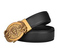 OBASDFD Cintura A Cricchetto Da Uomo Con Fibbia Automatica A Scatto, Testa Di Leone E Zampe Incise In Oro, Micro Regolabile, Vestibilità Perfetta Ovunque(Black,130cm/waist:45")