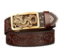 OBASDFD Cintura Da Uomo In Pelle Con Cricchetto, Fibbia Automatica In Oro Con Drago, Stampa Floreale Intagliata Da Cowboy Western, Cinturino Marrone(Dragon-a,120cm/47)