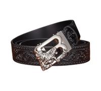 OBASDFD Cintura Da Uomo In Pelle Con Cricchetto In Rilievo, Fibbia Automatica Lettera B E Tigre In Argento, Cinturino Regolabile Incisione Floreale(Black,125cm/49)