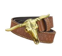 OBASDFD Cintura In Pelle Con Rivetti Alla Moda, Design A Testa Di Toro, Occhiello Inciso, Borchiato In Rilievo, Mucca For Il Tempo Libero(Brown,125cm/waist:43")