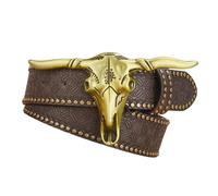 OBASDFD Cintura In Pelle Con Rivetti Alla Moda, Design A Testa Di Toro, Occhiello Inciso, Borchiato In Rilievo, Mucca For Il Tempo Libero(Coffee,115cm/waist:39")