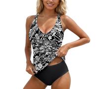 OBASDFD Costume da Bagno A Due Pezzi Tankini con Stampa Floreale, Slip A Taglio Alto, Nero, XXL(Darkgray,XL)