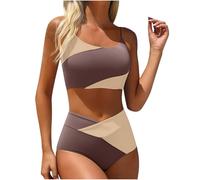 OBASDFD Costume da Bagno A Vita Alta Color Block da Donna con Cinturino for Spaghetti Costume da Bagno A Due Pezzi con Fondo Incrociato A V Costume da Bagno Sportivo Rosa(Coffee,S)