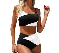 OBASDFD Costume da Bagno A Vita Alta Color Block da Donna con Cinturino for Spaghetti Costume da Bagno A Due Pezzi con Fondo Incrociato A V Costume da Bagno Sportivo Rosa(Black,S)
