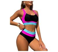 OBASDFD Costume da Bagno Bikini Perizoma A Vita Alta 2 Pezzi Donna Color Block con Controllo della Pancia Multicolore Medio(S)