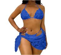 OBASDFD Costume da Bagno Donna 3 Pezzi Bikini Perizoma A Triangolo con Mini Copricostume Spiaggia Gonna A Fiori(Blue,Medium)