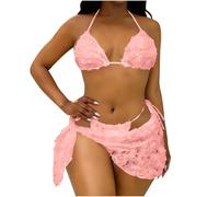 OBASDFD Costume da Bagno Donna 3 Pezzi Bikini Perizoma A Triangolo con Mini Copricostume Spiaggia Gonna A Fiori(Pink,Large)