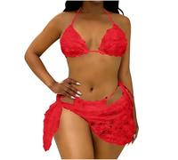 OBASDFD Costume da Bagno Donna 3 Pezzi Bikini Perizoma A Triangolo con Mini Copricostume Spiaggia Gonna A Fiori(Red,Large)