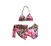 OBASDFD Costumi da bagno da ragazza 3 pezzi leopardato floreale triangolo halter bikini set con copricostume da spiaggia sarong marrone 11Y, Marrone, 12