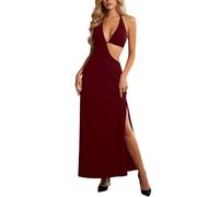 OBASDFD Elegante abito casual con collo profondo cintura in vita fluente lunghezza midi perfetto per feste e uso quotidiano realizzato in comodo tessuto morbido, Rosso, L