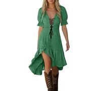 OBASDFD for Boho Dresses with Puff Sleeves, Asymmetric Midi Length And Casual Summer Outfits with V-Neck(Green,XXL)
