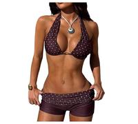 OBASDFD for Donna A Pois 2 Pezzi Boyshorts Costume da Bagno Halter Bikini Set con Volant Cravatta Schiena Scoperta Costumi Viola Medio(Coffee Brown,X-Large)