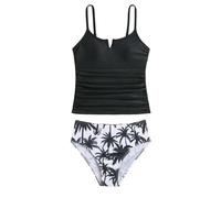 OBASDFD Girl's 2 Piece Tankini Set Spaghetti Strap Ruched Bathing Suit Tropical Hawaiian Swimwear Black 8Y(10 Years)