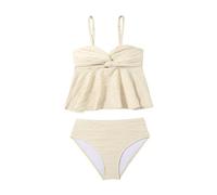 OBASDFD Girl's 2 Piece Tankini Swimsuit Textured Twist Front Ruched Ruffle Bikini Set Bathing Suits(Bright White,10 Years)