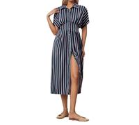 OBASDFD Maxi abito con bottoni sul davanti, camicia a pieghe, stampa a righe, colletto a maniche corte, abiti lunghi casual, Marina Militare, S