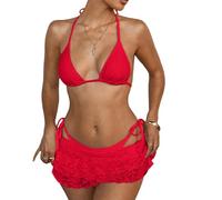 OBASDFD Perizoma da Donna 3 Pezzi Bikini A Triangolo con Allacciatura Fondo Laterale Mini Gonna Copricostume Costumi Bagno Rosa(Red,Medium)