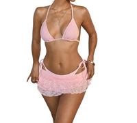 OBASDFD Perizoma da Donna 3 Pezzi Bikini A Triangolo con Allacciatura Fondo Laterale Mini Gonna Copricostume Costumi Bagno Rosa(Pink,Large)