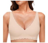 OBASDFD Petal Deep V Neck Bras for Women Non-Wired Soft Wireless Bralettes Comfortable Seamless Bra Bustier with Cups, Pink, XXL(Beige,L)