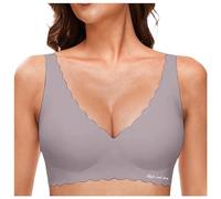 OBASDFD Petal Deep V Neck Bras for Women Non-Wired Soft Wireless Bralettes Comfortable Seamless Bra Bustier with Cups, Green, L(Gray,L)