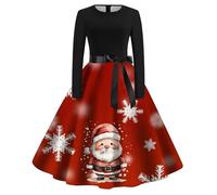 OBASDFD Pull Robe Femme Abito da Sera di Natale con Stampa retrò Maniche Lunghe, Girocollo, Gonna Svasata(Pink,S)