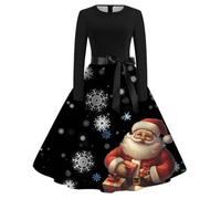 OBASDFD Pull Robe Femme Abito da Sera di Natale con Stampa retrò Maniche Lunghe, Girocollo, Gonna Svasata(Hot Pink,XL)