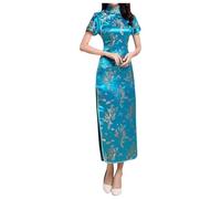 OBASDFD Robe Pull Femme Abito Cheongsam Cinese Ricamato Manica Corta Lunghezza Lunga Donna Qipao Tradizionale, Cielo
