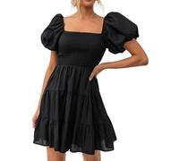 OBASDFD Robe Pull Femme Women' 2026 Boho Summer Square Neck Puff Sleeves off Shoulder Smocked Tiers Casual Line Short Mini Dress(Black,L)