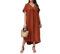 OBASDFD Robe Pull Femme Women' Spring/Summer Casual V-Neck Plain Loose Fit Plus Size Dress(Brown,4XL)